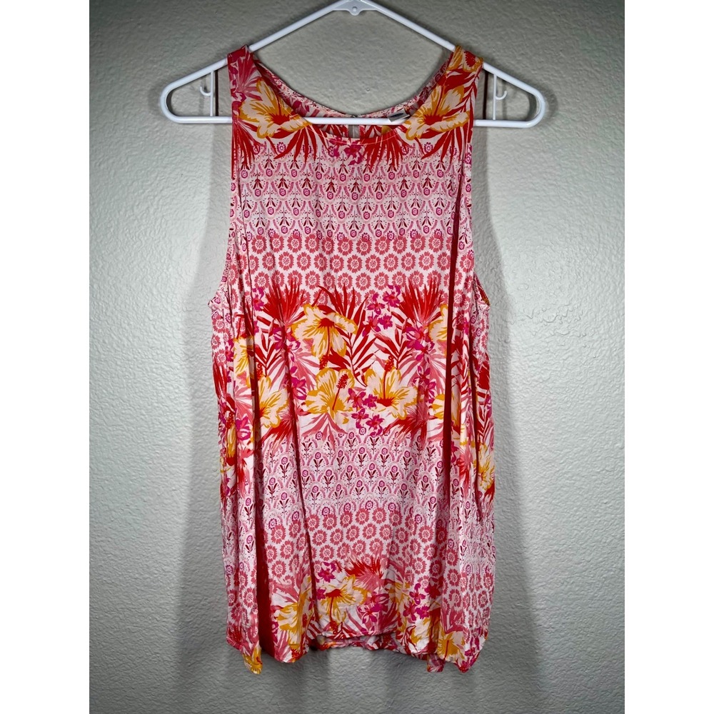 Old Navy Womens Pink Orange Tropical Floral Rayon Keyhole Tank Top Blouse Large